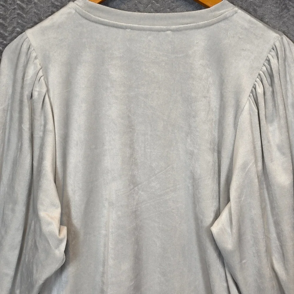 LOFT Womens Light Gray Velour Puff Sleeve Crew Neck Top Blouse Large RN140923